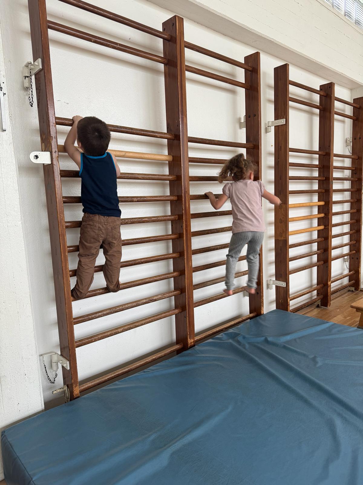 Zwei Kinder klettern an der Sprossenwand über der Turnmatte
